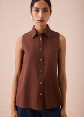 A Model Wearing Brown Handwoven Cotton The Cocoa Handspun Handwoven Organic Cotton Sleeveless Shirt, curated by Only Ethikal